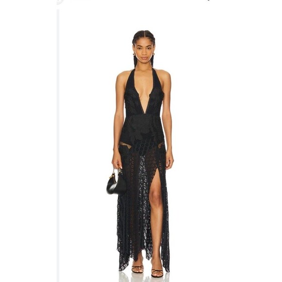 Free People Revolve Celeste Maxi Dress 12 Black Womens Halter Embroidered NWT - Picture 1 of 14